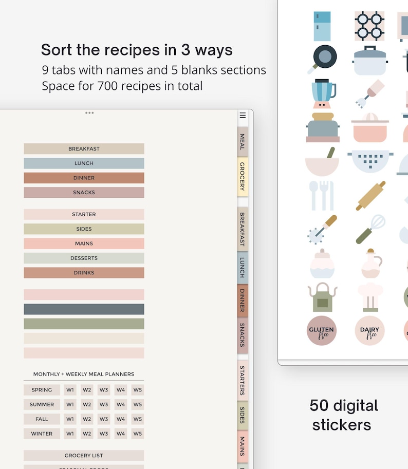 Pu&ograve; includere: Un'interfaccia per un ricettario digitale con nove schede etichettate, cinque sezioni vuote e un layout per la pianificazione dei pasti mensile e settimanale. Il ricettario contiene 700 ricette e 50 adesivi digitali a tema cucina.