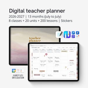 Può includere: Planner digitale per insegnanti 2026-2027 con 13 mesi, 8 classi, 20 unità e 200 lezioni. Include adesivi e integrazione di scorciatoie. La copertina presenta un design ad acquerello con le parole "teacher planner".