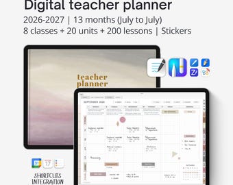 May include: Digital teacher planner for 2026-2027 with 13 months, 8 classes, 20 units, and 200 lessons. The planner includes stickers and shortcuts integration. The cover features a watercolor design with the words "teacher planner".