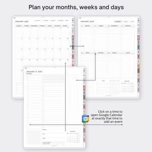 May include: A digital planner interface displaying January 2027 with monthly, weekly, and daily views. The layout includes grid calendars, task lists, and habit trackers. Text reads: Plan your months, weeks and days and Click on a time to open Google Calendar at exactly that time to add an event.