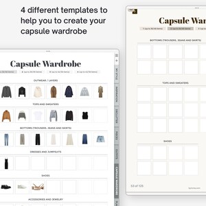 May include: A digital template for creating a capsule wardrobe. The template is divided into categories such as outerwear, tops, bottoms, dresses, shoes, and accessories. Each category has a grid of squares where you can add images of your clothing items.