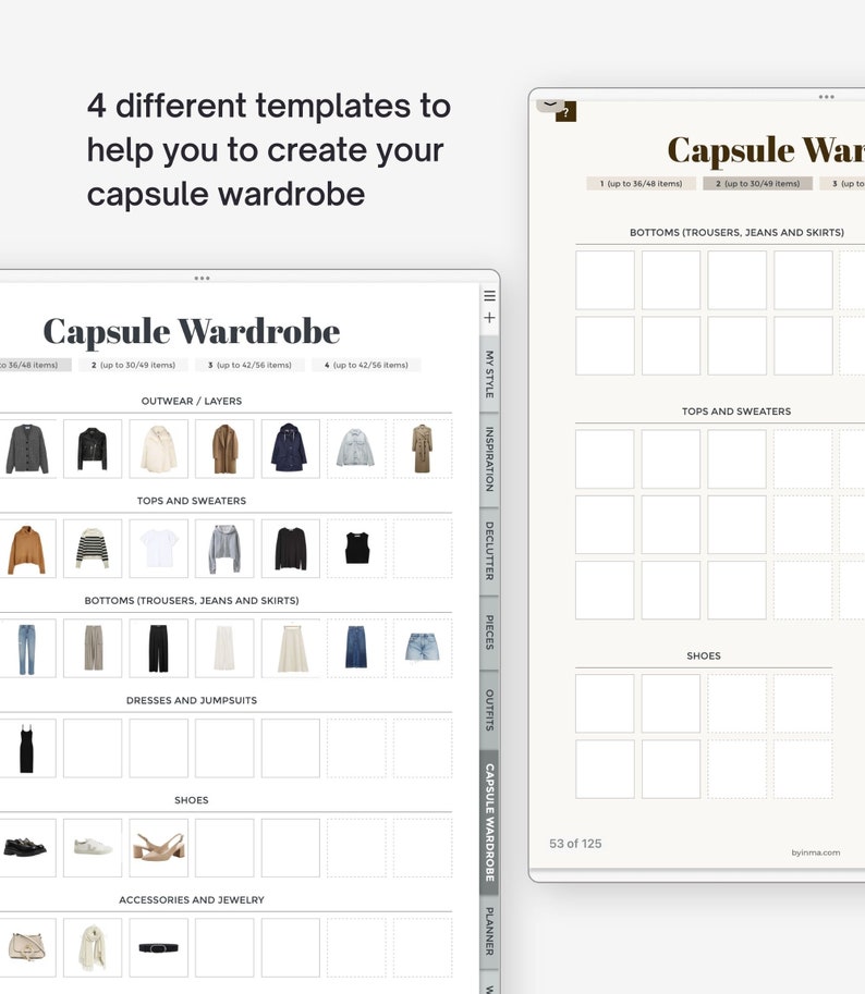 May include: A digital template for creating a capsule wardrobe. The template is divided into categories such as outerwear, tops, bottoms, dresses, shoes, and accessories. Each category has a grid of squares where you can add images of your clothing items.