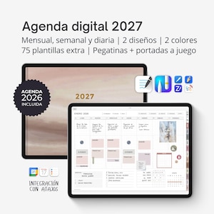 Könnte beinhalten: Ein digitaler Planer für 2027 mit monatlichen, wöchentlichen und täglichen Layouts, 75 zusätzlichen Vorlagen, Stickern und passenden Einbänden. Die Benutzeroberfläche zeigt eine Kalenderansicht für Januar 2026 mit handschriftlichen Notizen.