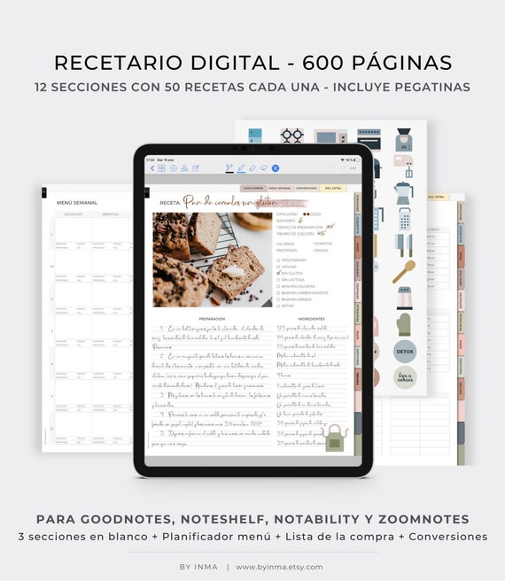 Cuaderno de recetas digital español. Recetario de cocina en blanco para  iPad y tablets. Libro de cocina para Goodnotes y Noteshelf -  México