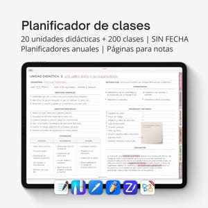 Puede incluir: Una tableta digital que muestra un planificador de clases con el título "Planificador de clases". La pantalla muestra contenido educativo, incluyendo objetivos, contenidos y recursos. El texto en la parte superior indica 20 unidades, 200 clases y planificadores anuales.