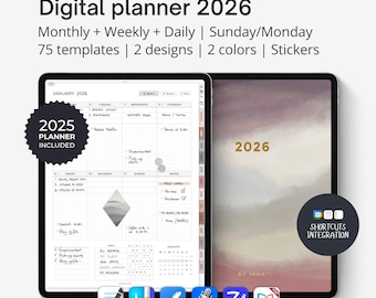 Digital planner portrait Goodnotes 2026, Aesthetic iPad daily planner with small grid base, Notehelf planner, Shortcuts integration