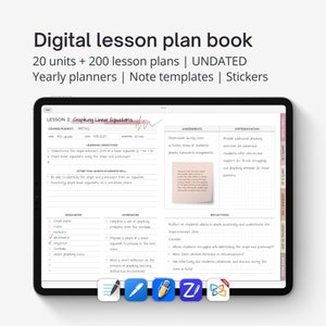 May include: A digital lesson plan book for teachers. The screen shows a lesson plan for graphing linear equations. The lesson plan includes learning objectives, resources, homework, assessments, differentiation, and reflections. The lesson plan is designed for a 9th grade math class.