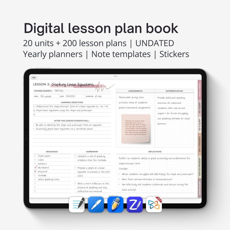 May include: A digital lesson plan book for teachers. The screen shows a lesson plan for graphing linear equations. The lesson plan includes learning objectives, resources, homework, assessments, differentiation, and reflections. The lesson plan is designed for a 9th grade math class.