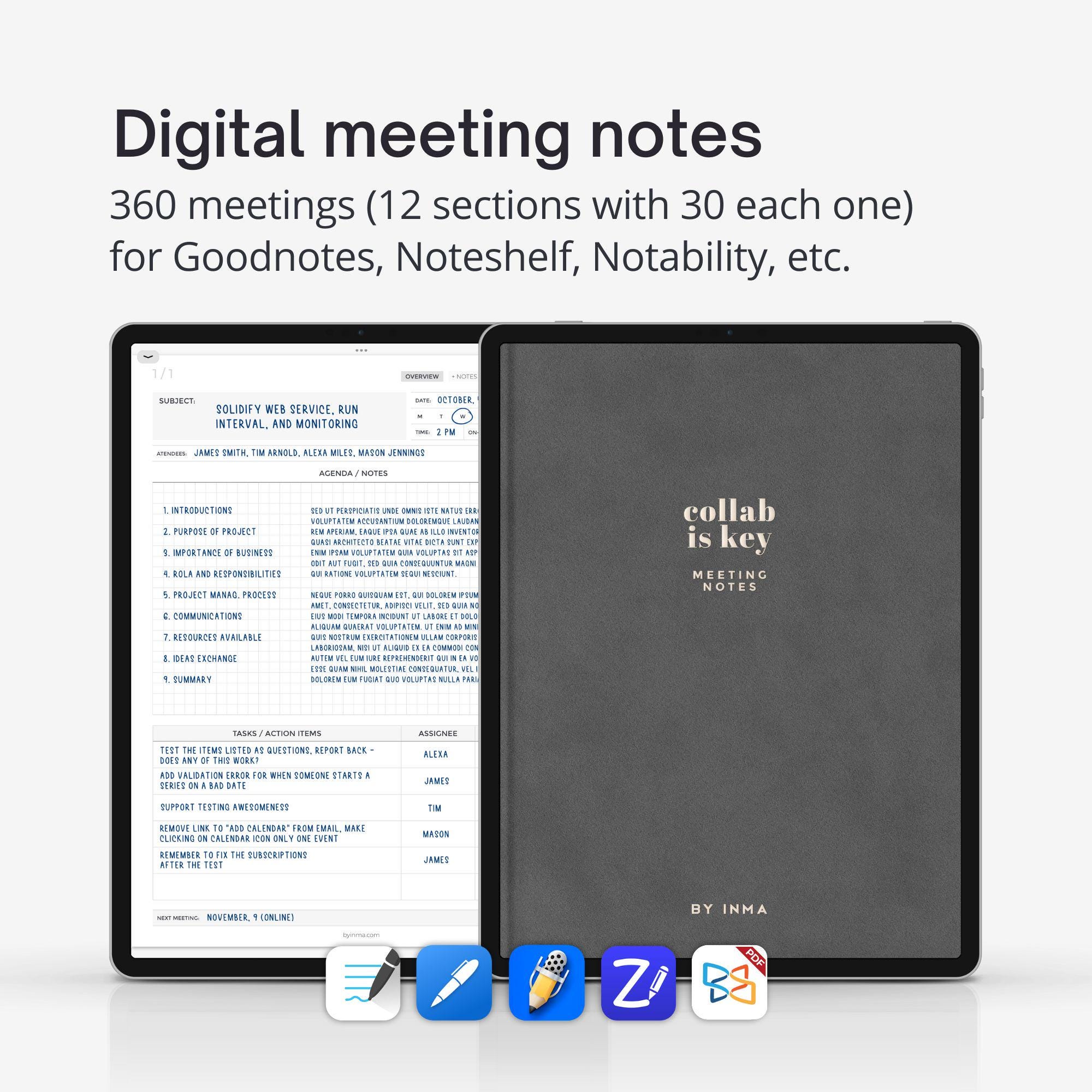 Digital meeting notes Goodnotes, Digital planner for work with 360 meeting templates, Digital meeting agenda, Client meeting minute business
