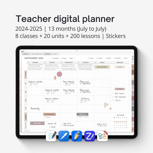 Digital teacher planner 2024-2025, Lesson planner Goodnotes, Academic planner, Digital teacher stickers, Teacher planner for iPad
