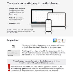 May include: Image of a digital planner with a laptop, tablet, and smartphone. Text highlights note-taking apps for iPhone, iPad, Mac, Android, and Windows. Includes information about Google Calendar and Apple Calendar integration.