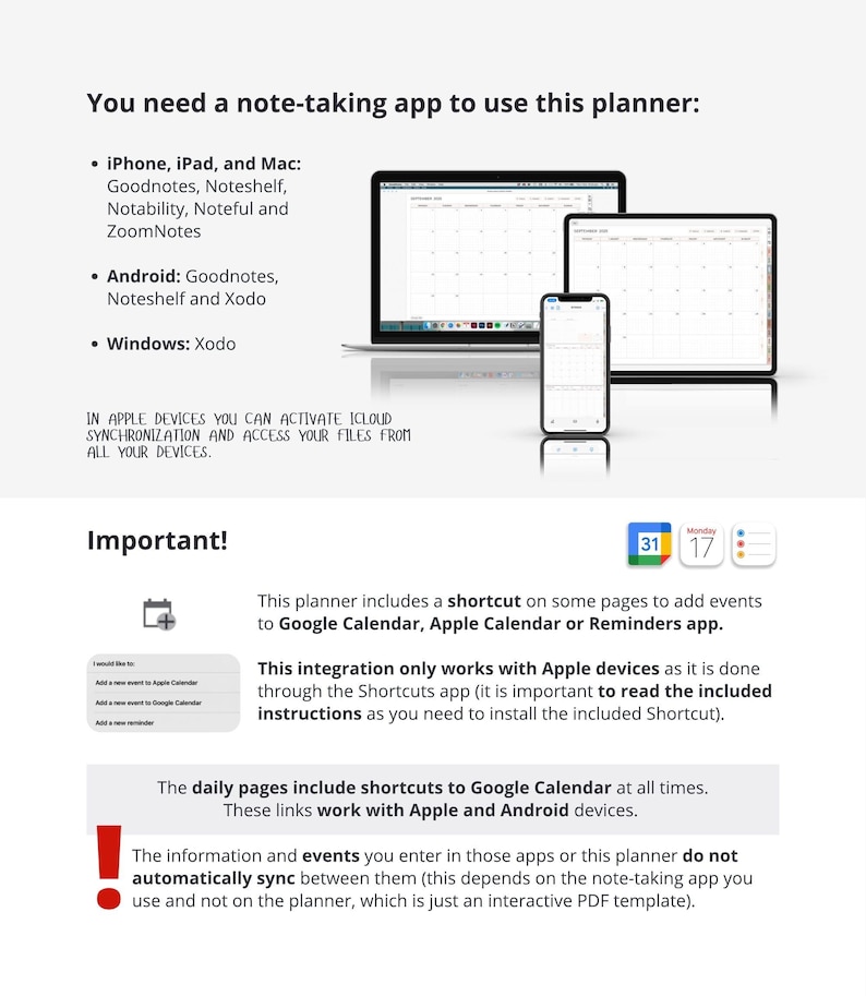 May include: Image of a digital planner with a laptop, tablet, and smartphone. Text highlights note-taking apps for iPhone, iPad, Mac, Android, and Windows. Includes information about Google Calendar and Apple Calendar integration.