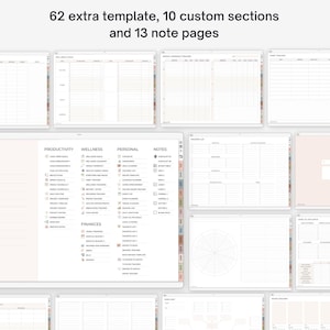 May include: Digital planner with multiple templates, including wellness, productivity, and finance sections. The planner features 62 extra templates, 10 custom sections, and 13 note pages. The planner's layout is displayed in a grid format.
