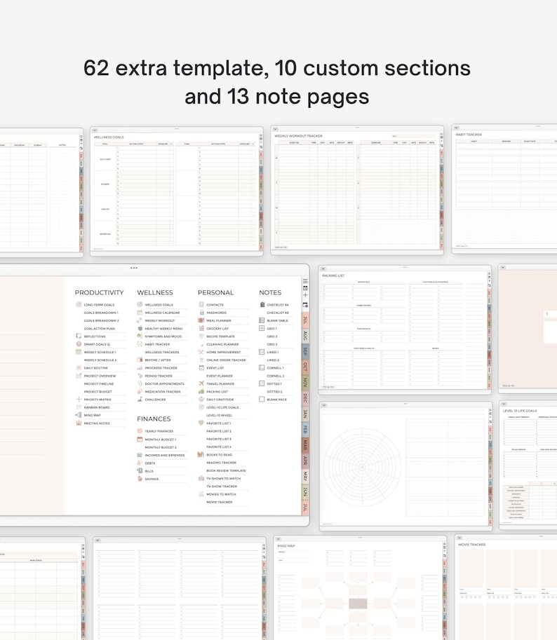 May include: Digital planner with multiple templates, including wellness, productivity, and finance sections. The planner features 62 extra templates, 10 custom sections, and 13 note pages. The planner's layout is displayed in a grid format.