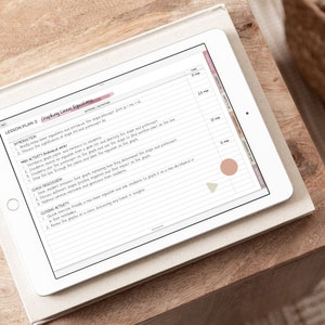 May include: A lesson plan for teaching students how to graph linear equations. The lesson plan includes a list of activities and time estimates for each activity. The lesson plan is written on a tablet with a white background and black lines.