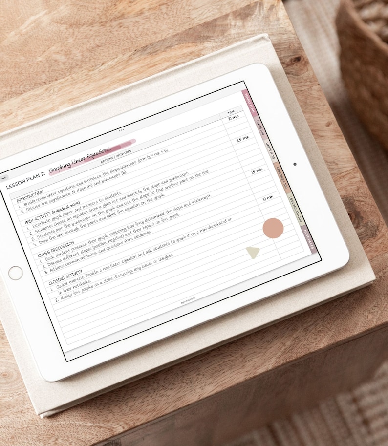 May include: A lesson plan for teaching students how to graph linear equations. The lesson plan includes a list of activities and time estimates for each activity. The lesson plan is written on a tablet with a white background and black lines.