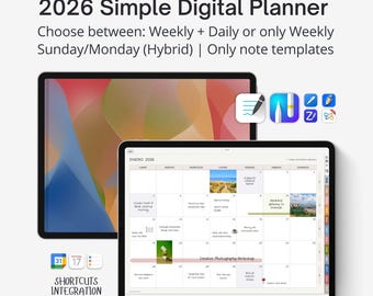 Simple Digital Planner 2026, Basic Goodnotes weekly planner. It includes: a full Monday-start version + a Sunday-month / Monday-week version