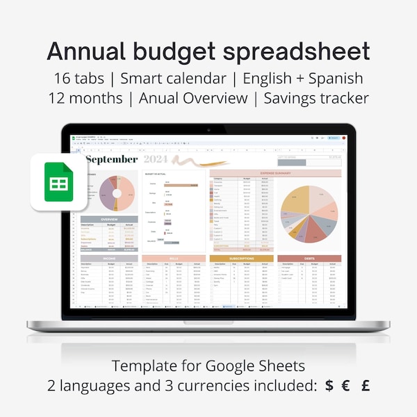 Plantilla de presupuesto Google Sheets en español e inglés, Hoja de cálculo para gastos e ingresos, Planificador de finanzas personales