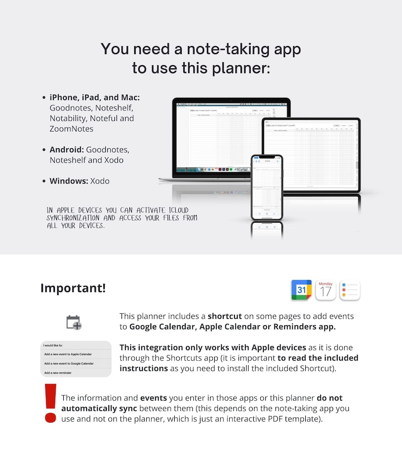 May include: A digital planner with a calendar layout and instructions on how to use it with note-taking apps like Google Calendar, Apple Calendar, and Reminders. The text says "This planner includes a shortcut on some pages to add events to Google Calendar, Apple Calendar or Reminders app. This integration only works with Apple devices as it is done through the Shortcuts app (it is important to read the included instructions as you need to install the included Shortcut). The information and events you enter in those apps or this planner do not automatically sync between them (this depends on the note-taking app you use and not on the planner, which is just an interactive PDF template)."