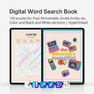 Digital Word Search Book for iPad, Remarkable, Kindle Scribe and e-ink tablets. 100 Word Search Puzzles for adults. Original Millennial gift image 1