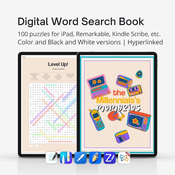 Digital Word Search Book for iPad, Remarkable, Kindle Scribe and e-ink tablets. 100 Word Search Puzzles for adults. Original Millennial gift