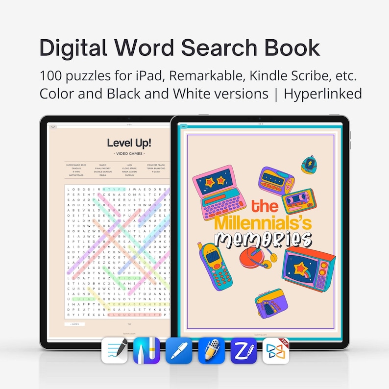 Digital Word Search Book for iPad, Remarkable, Kindle Scribe and e-ink tablets. 100 Word Search Puzzles for adults. Original Millennial gift image 1
