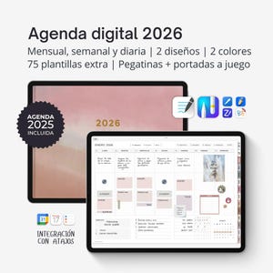 Agenda digital 2026 para iPad. Planificador interactivo en PDF para tablet. Incluye pegatinas. Úsalo con Goodnotes, Notability o Noteshelf