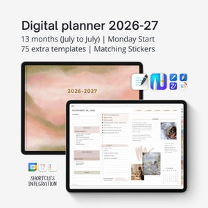 May include: Digital planner 2026-27 displayed on two tablets. The planner includes 13 months, Monday start, 75 extra templates, and matching stickers. The text on the screen shows the date November 26, 2026.