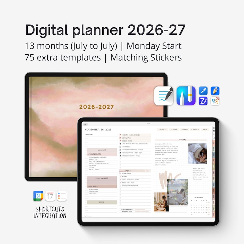 May include: Digital planner 2026-27 displayed on two tablets. The planner includes 13 months, Monday start, 75 extra templates, and matching stickers. The text on the screen shows the date November 26, 2026.