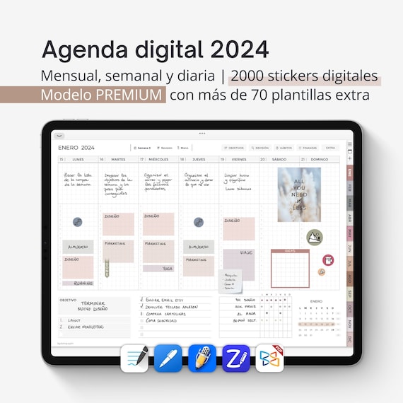 Agenda digital 2024 para iPad. Planificador interactivo en PDF para tablet.  Incluye pegatinas. Úsalo con Goodnotes, Notability o Noteshelf -  México