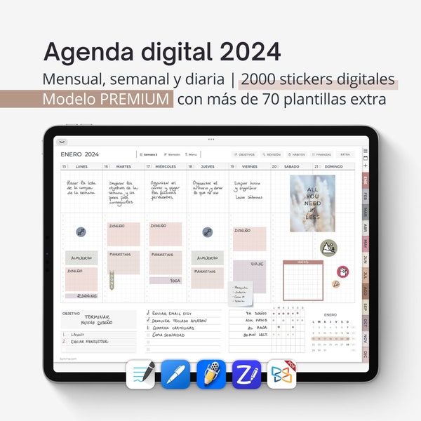 Agenda digital 2024 para iPad. Planificador interactivo en PDF para tablet. Incluye pegatinas. Úsalo con Goodnotes, Notability o Noteshelf