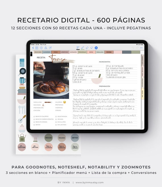 Libro de recetas en blanco para iPad, Cuaderno de recetas digital, Recetario  de cocina para Goodnotes y Noteshelf interactivo -  México