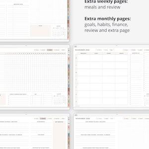 May include: A digital planner with various pages for organization. Includes weekly and monthly pages for meals, goals, habits, finance, and reviews. Features a grid layout and calendar views. The planner has tabs for easy navigation.