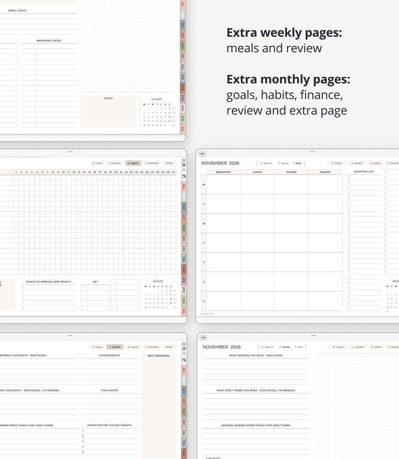 May include: A digital planner with various pages for organization. Includes weekly and monthly pages for meals, goals, habits, finance, and reviews. Features a grid layout and calendar views. The planner has tabs for easy navigation.