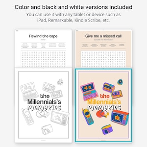 May include: A printable coloring page featuring a collection of retro gadgets and the text "The Millennials's Memories". The coloring page is in black and white and includes a laptop, a cell phone, a walkie-talkie, a cassette player, a pair of headphones, and a television.