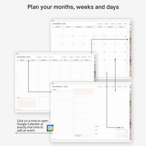 May include: A digital planner interface with calendar views for November 2026. The planner shows monthly, weekly, and daily layouts. The text "Plan your months, weeks and days" is at the top. A Google Calendar icon is also visible.