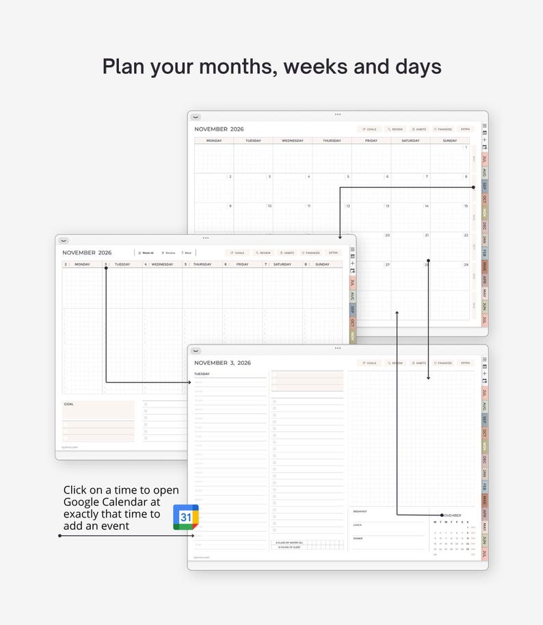 May include: A digital planner interface with calendar views for November 2026. The planner shows monthly, weekly, and daily layouts. The text "Plan your months, weeks and days" is at the top. A Google Calendar icon is also visible.