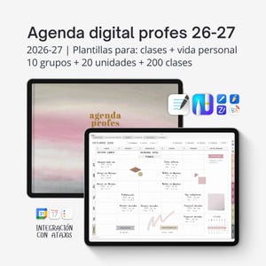 Puede incluir: Dos tabletas digitales que muestran una agenda digital con el texto "Agenda digital profes 26-27". La agenda incluye una portada rosa y blanca y un diseño de calendario detallado. También son visibles iconos y texto adicionales.