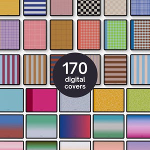 Op de afbeelding: Een verzameling van 170 digitale covers weergegeven in een raster, met een verscheidenheid aan patronen waaronder strepen, ruiten, plaids, effen kleuren en gradiënten in diverse tinten zoals blauw, roze, groen, geel en bruin met zwarte randen.