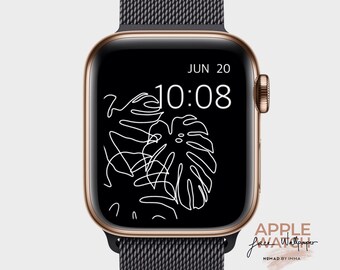 Apple Watch Wallpaper, Line Art Illustration mit Monstera Blatt und schwarzem Hintergrund. Sofortiger Download. JPG-Datei