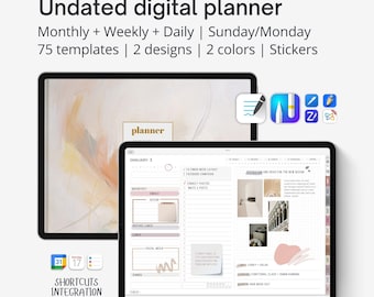 UNDATED digital planner landscape Goodnotes, Aesthetic iPad daily planner with small grid base, Notehelf planner, Shortcuts integration