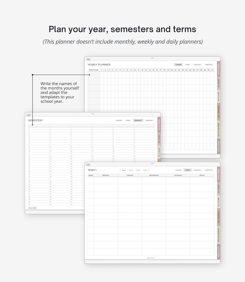 May include: A printable planner with three pages: a yearly planner, a semester planner, and a weekly planner. The pages are designed to help you plan your year, semesters, and terms. The pages are blank and ready for you to fill in your own information.