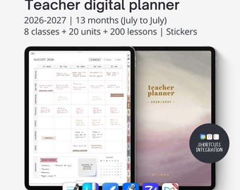 May include: A digital teacher planner displayed on two tablets. The planner includes the text "Teacher digital planner 2026-2027" and features a calendar view for August 2026. Additional icons and the text "Shortcuts Integration" are also visible.