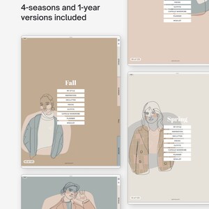 May include: Four digital planner pages with illustrations of women wearing different outfits for each season: fall, winter, spring, and summer. Each page includes a list of sections for planning: My Style, Inspiration, Declutter, Pieces, Outfits, Capsule Wardrobe, Planner, and Wishlist.