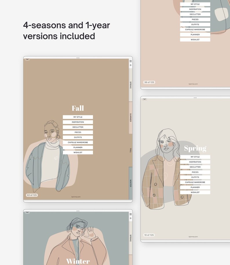 May include: Four digital planner pages with illustrations of women wearing different outfits for each season: fall, winter, spring, and summer. Each page includes a list of sections for planning: My Style, Inspiration, Declutter, Pieces, Outfits, Capsule Wardrobe, Planner, and Wishlist.