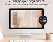 Desktop wallpaper organizer set with icons, iMac and Macbook wallpaper aesthetic for macOS Sonoma widgets, Windows wallpaper,