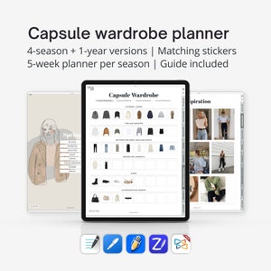 Digital capsule wardrobe planner for iPad, Goodnotes outfit planner with hyperlinks, That girl fashion planner digital, 4-season and 1-year