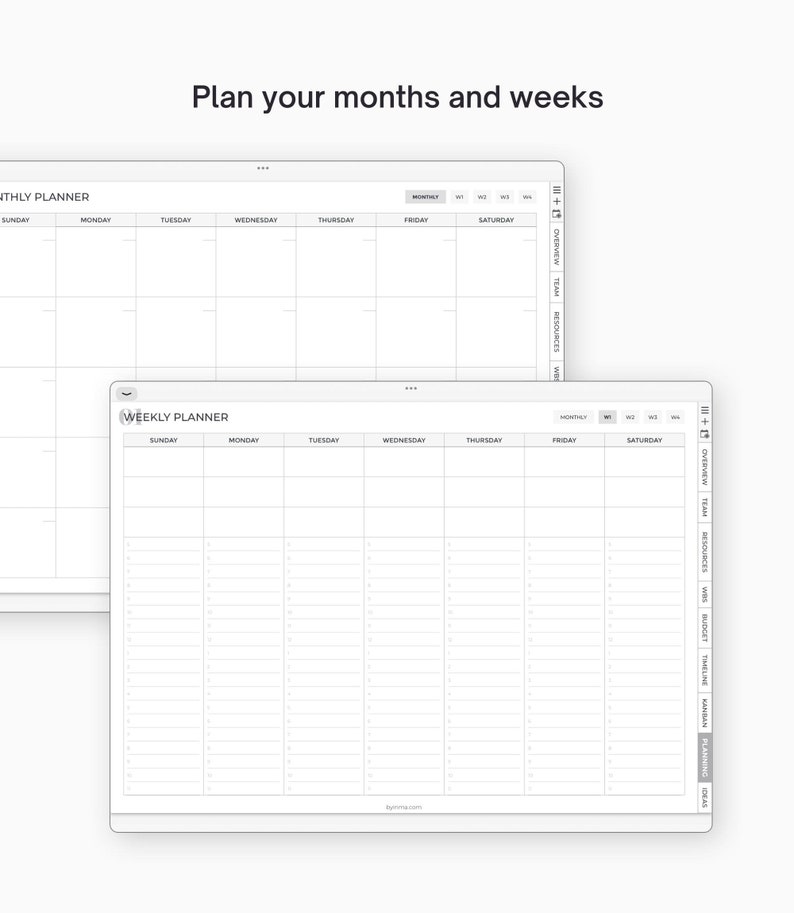 May include: Two blank printable planner templates, one for monthly planning and one for weekly planning. The monthly planner has a grid layout with spaces for each day of the week. The weekly planner has a grid layout with spaces for each day of the week and additional columns for notes, tasks, and ideas.