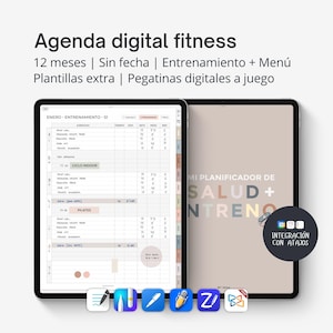 Op de afbeelding: Twee digitale fitnessplanners op tablets. De linker tablet toont een trainingsschema met oefeningsdetails. De rechter tablet toont de tekst "MI PLANIFICADOR DE SALUD + ENTRENAMIENTO". De bovenkant van de afbeelding toont "Agenda digital fitness".