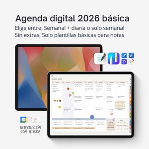 Puede incluir: Dos tabletas digitales que muestran un calendario digital y un fondo abstracto colorido. El texto en la pantalla dice "Agenda digital 2026 básica" e "INTEGRACIÓN CON ATAJOS". El calendario muestra el mes de enero.